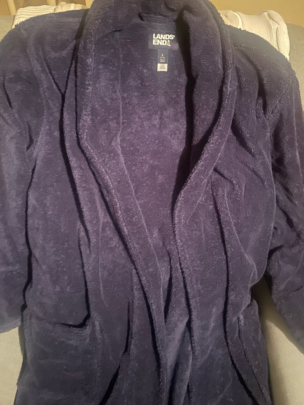 Lands' End Men's Blue Fleece Polyester Robe Collared Tie Closure Size L